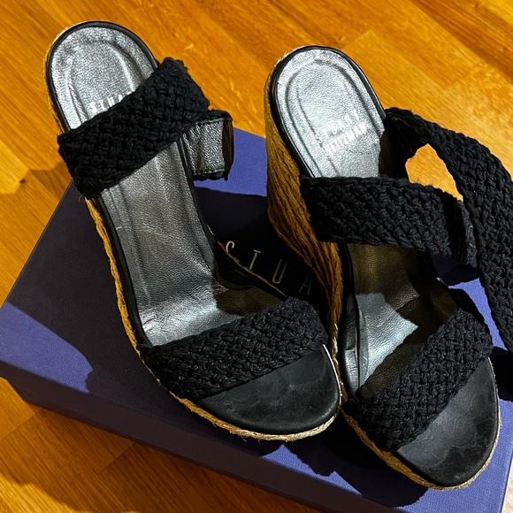 Stuart Weitzman Alex Black Nero Espadrilles Wedges Sandals - Picture 7 of 7